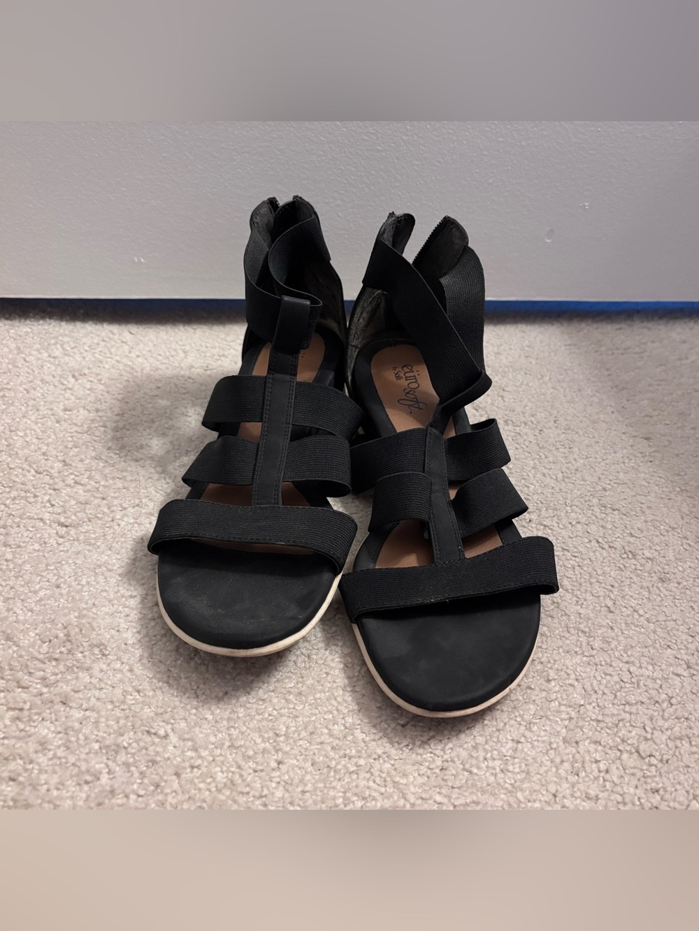 Eurosoft Women's Black Strappy Elastic Gladiator Wedge Sandals Size 7.5
